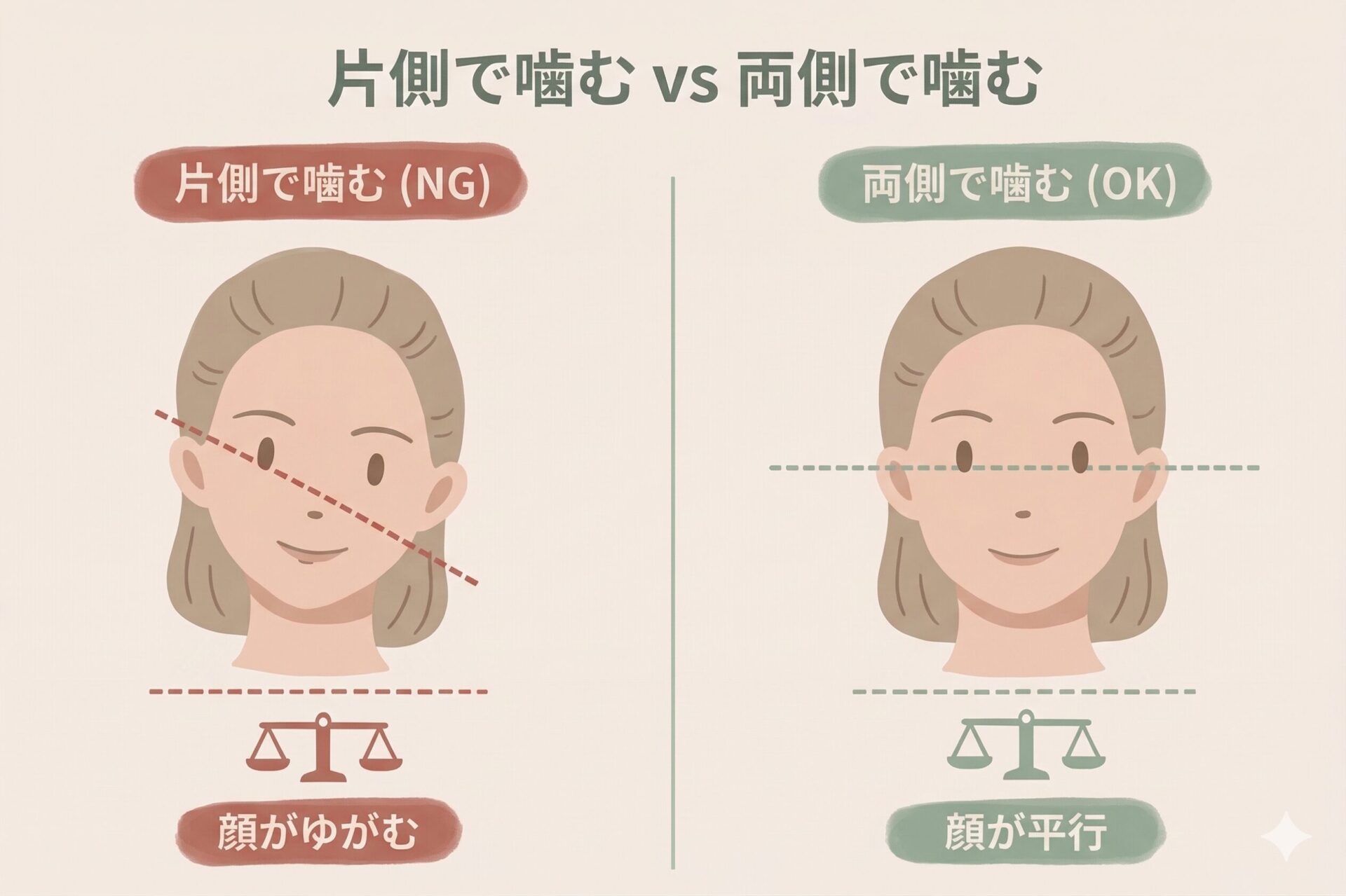 片噛みによる噛み合わせの偏りのイメージ