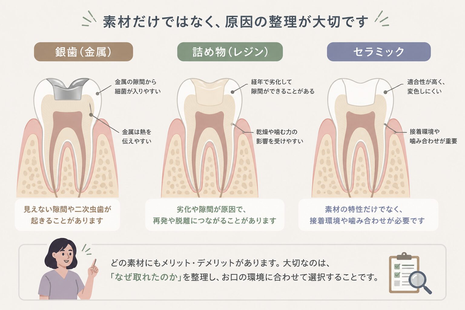 銀歯・レジン・セラミック比較ひょう
