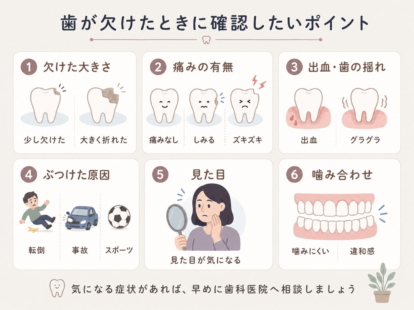 歯が欠けたときに確認したい大きさ・痛み・出血・揺れ・原因・噛み合わせのポイント